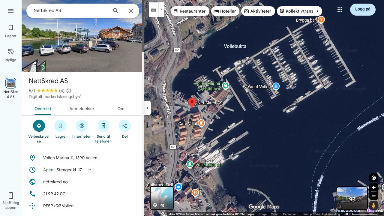 Google Maps-kart med NettSkred AS markert ved Vollen Marina
